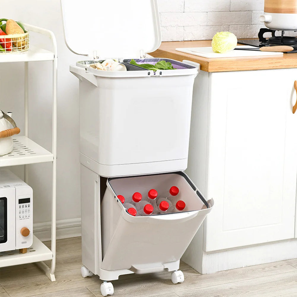 38L Double Compartment Wheeled Bin | 2-Tier Wet & Dry Waste Separation | 4 Casters | Kitchen & Home | White