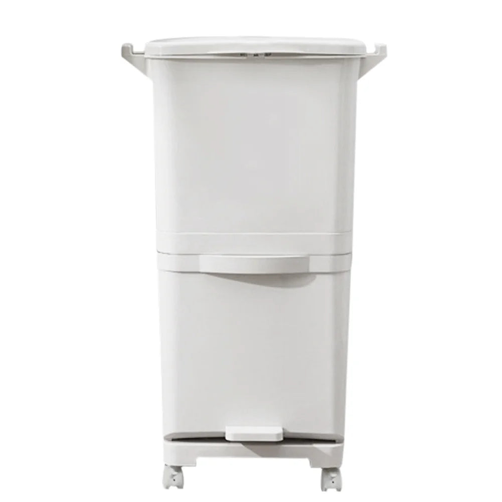 38L Double Compartment Wheeled Bin | 2-Tier Wet & Dry Waste Separation | 4 Casters | Kitchen & Home | White
