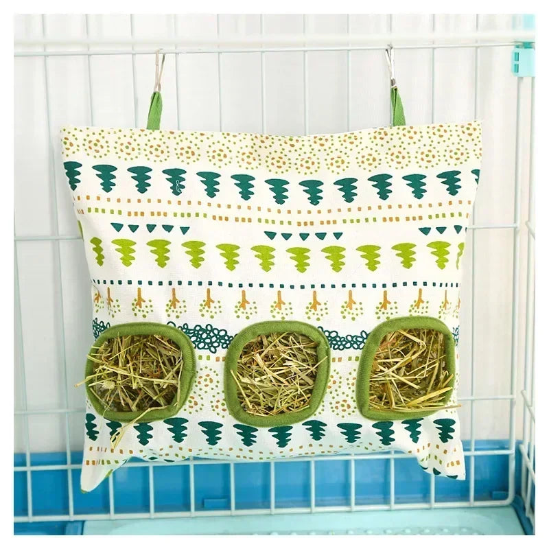 Small Pet Hay Bag Hanging Feeder | Canvas Pouch for Rabbits, Guinea Pigs & Hamsters | 2 & 3 Hole