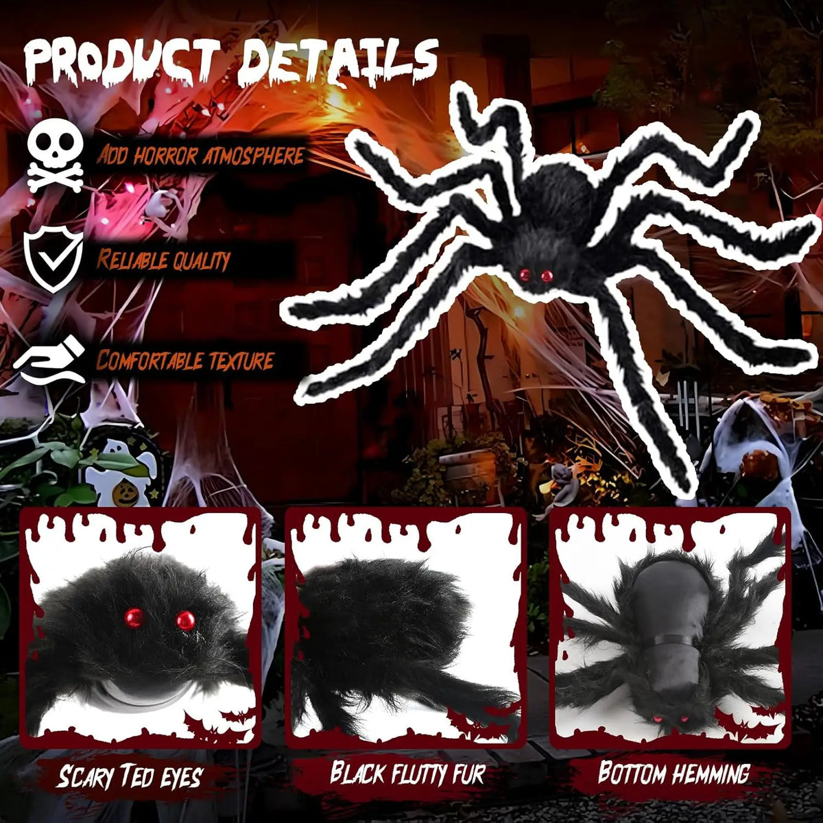 Giant Black Plush Halloween Spider – Poseable, Multi-Size