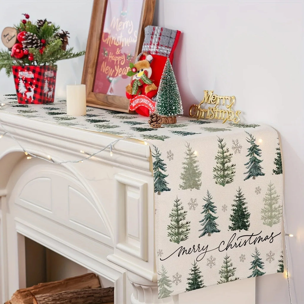 Christmas Table Runner | Red Trees & Snowflakes Design | 33x183cm | Festive Holiday Tablecloth
