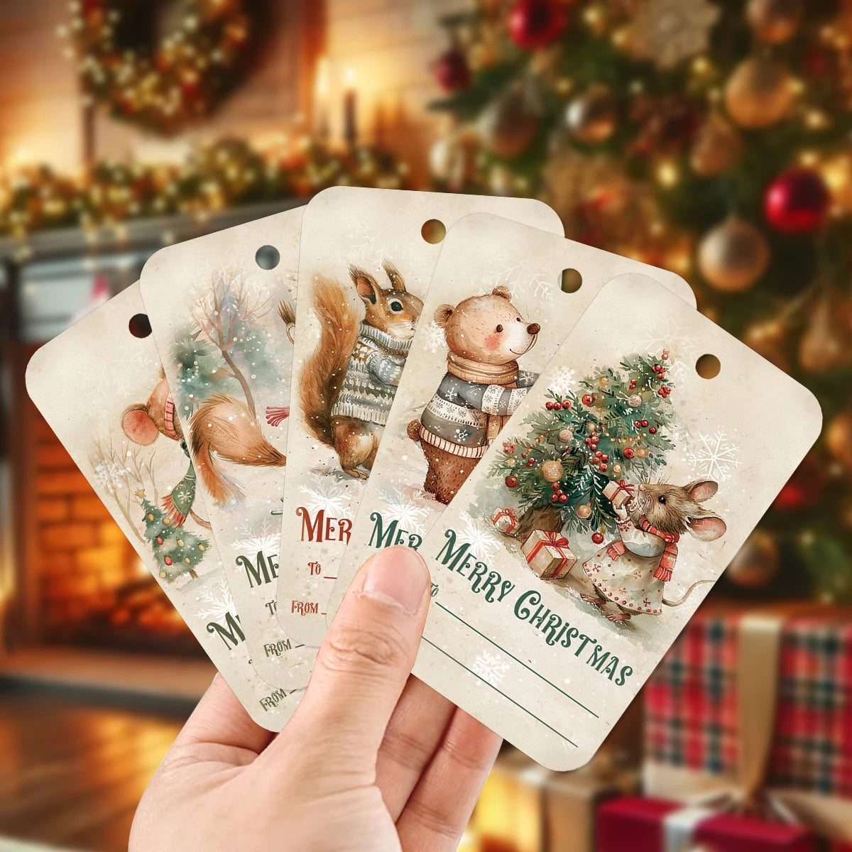 50pcs Vintage Christmas Gift Tags - Cute Animal Design