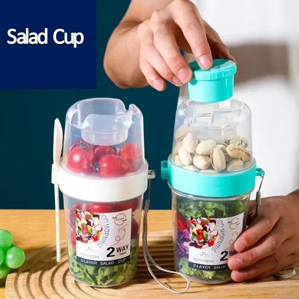 Portable Salad Cup with Lid & Fork | 800ml | Yogurt, Cereal & Snack Container | 4 Colours