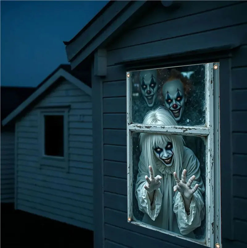 A creepy horror clown figure with white hair and 2 clowns