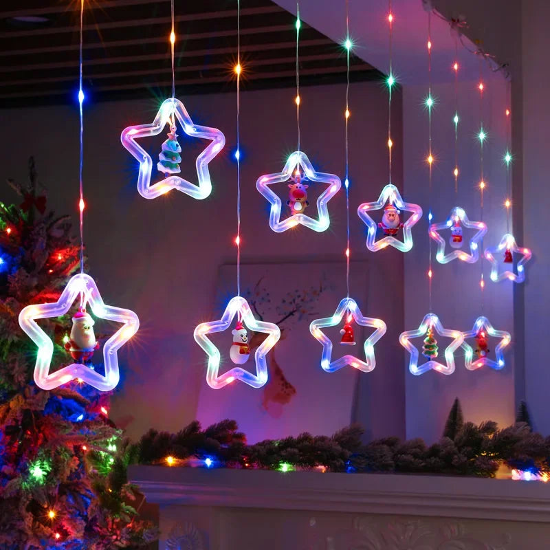 LED Christmas Curtain String Lights | USB | 8 Modes | Stars, Trees & Circles | Warm & Colourful | Bedroom & Window Decoration