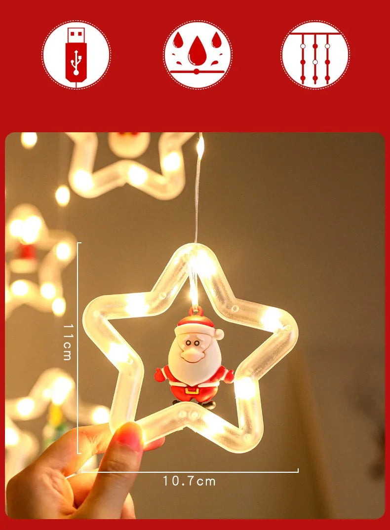 LED Christmas Curtain String Lights | USB | 8 Modes | Stars, Trees & Circles | Warm & Colourful | Bedroom & Window Decoration