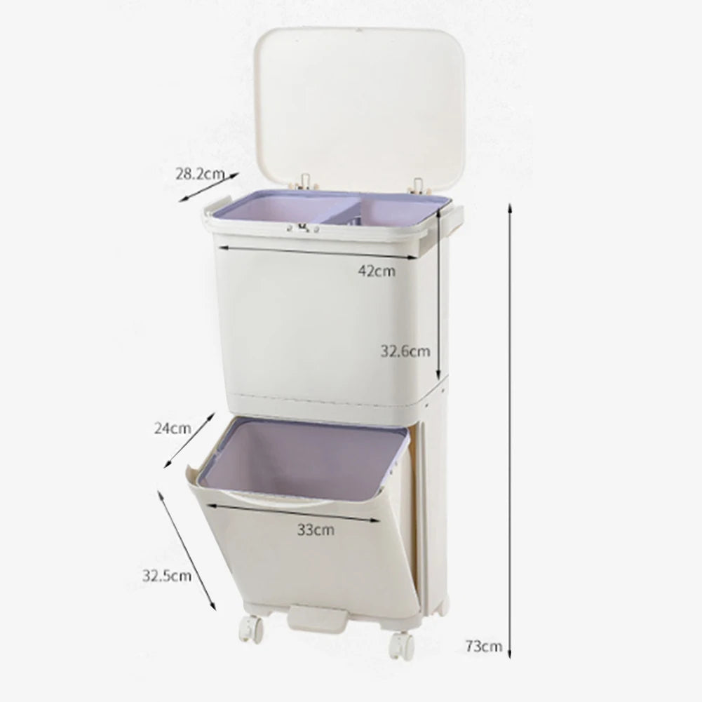 38L Double Compartment Wheeled Bin | 2-Tier Wet & Dry Waste Separation | 4 Casters | Kitchen & Home | White