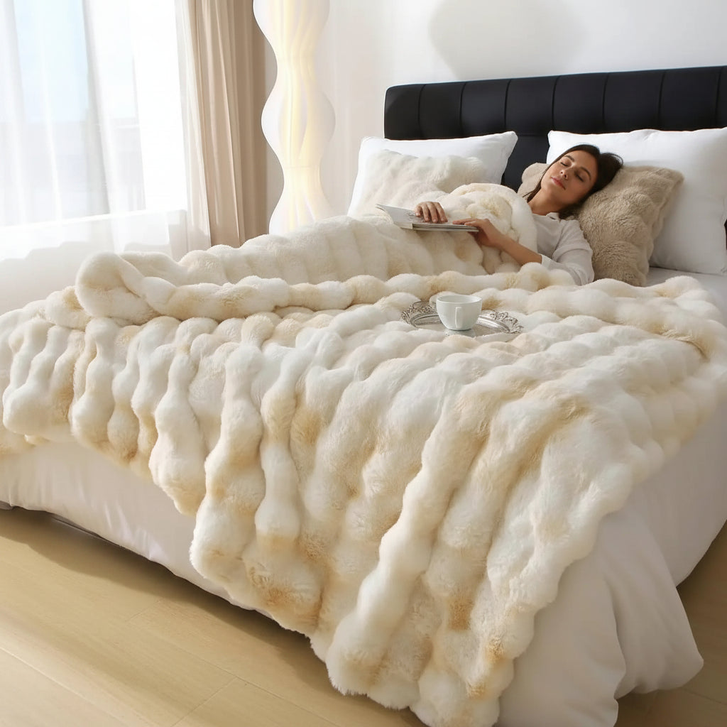 Faux Rabbit Fur Luxury Bubble Throw Blanket | Soft & Warm | 2 Sizes | 11 Colours