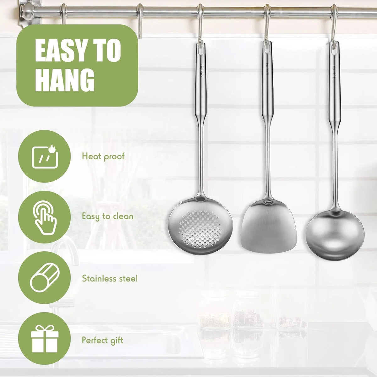 Stainless Steel Wok Utensil Set | Spatula, Ladle & Slotted Spoon | 15" All-Metal