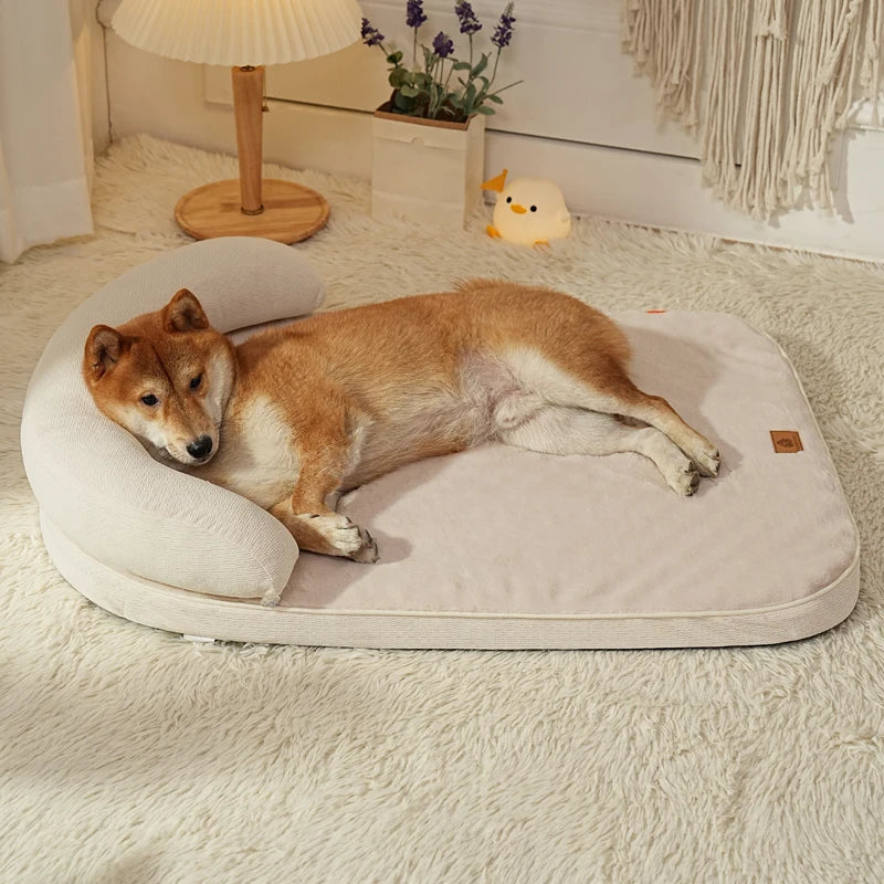 Sofa Dog Bed with Bolster Pillow – Soft Non-Slip Pet Bed for Small & Medium Dogs | Grey, Wood & Yellow