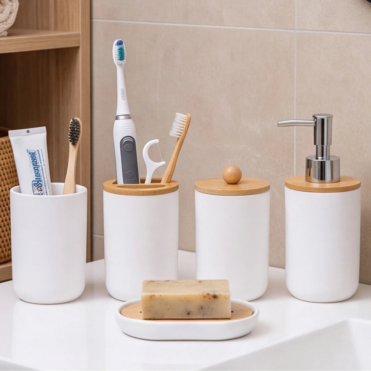 5-Piece Bathroom Accessories Set – Soap Dispenser, Storage Jar, Toothbrush Holder & Soap Dish | Farmhouse Style