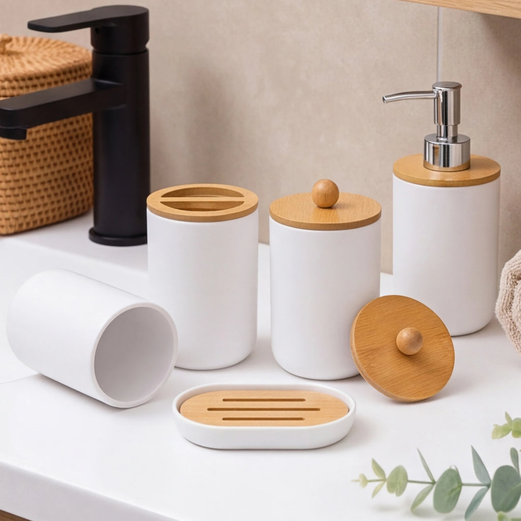 5-Piece Bathroom Accessories Set – Soap Dispenser, Storage Jar, Toothbrush Holder & Soap Dish | Farmhouse Style