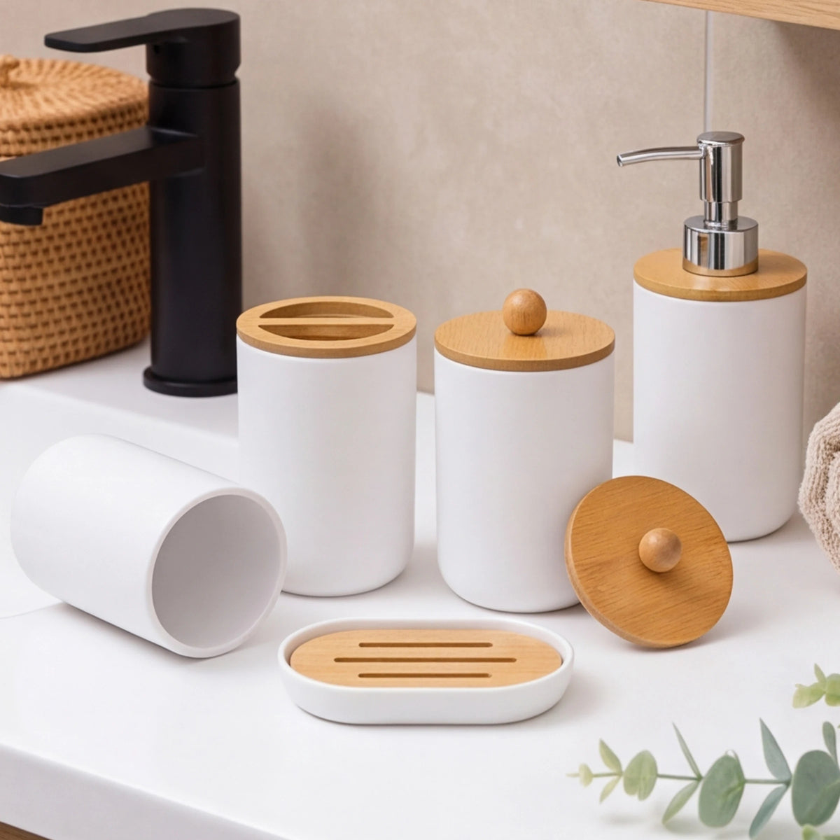 5-Piece Bathroom Accessories Set – Soap Dispenser, Storage Jar, Toothbrush Holder & Soap Dish | Farmhouse Style