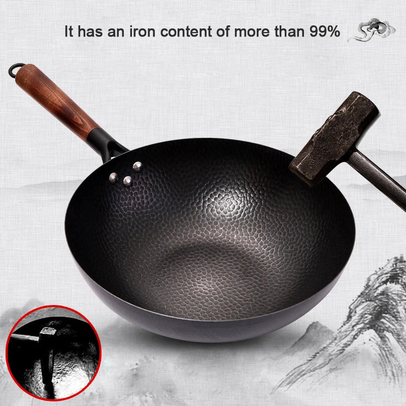 32cm Cast Iron Wok – Non-Coated, Gas & Induction Compatible | With or Without Wooden Lid