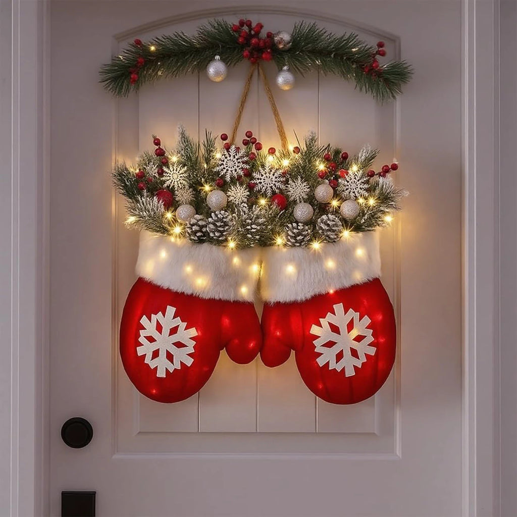 Christmas Gloves Wreath | LED Light-Up & Standard | 30cm | Indoor & Outdoor Wall Door Decoration