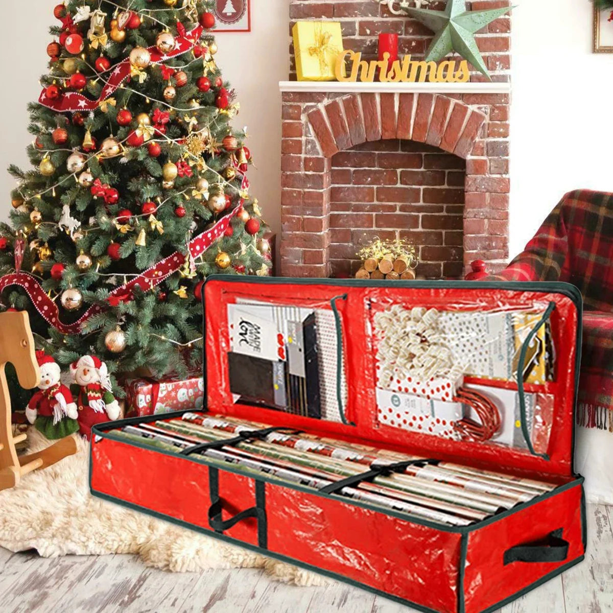 Christmas Wrapping Paper Storage Bag | 40" Durable Oxford Fabric | Fits Rolls, Ribbons & Ornaments | Red & Green