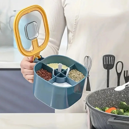4-in-1 Seasoning Box with Lid & Spoons | Large Capacity Salt & Spice Container | Yellow or Blue-Green