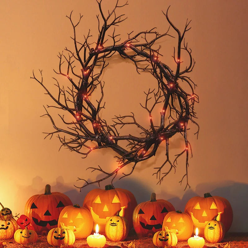 Halloween Wreath with LED Lights – Black Branch Garland for Front Door & Home Decor