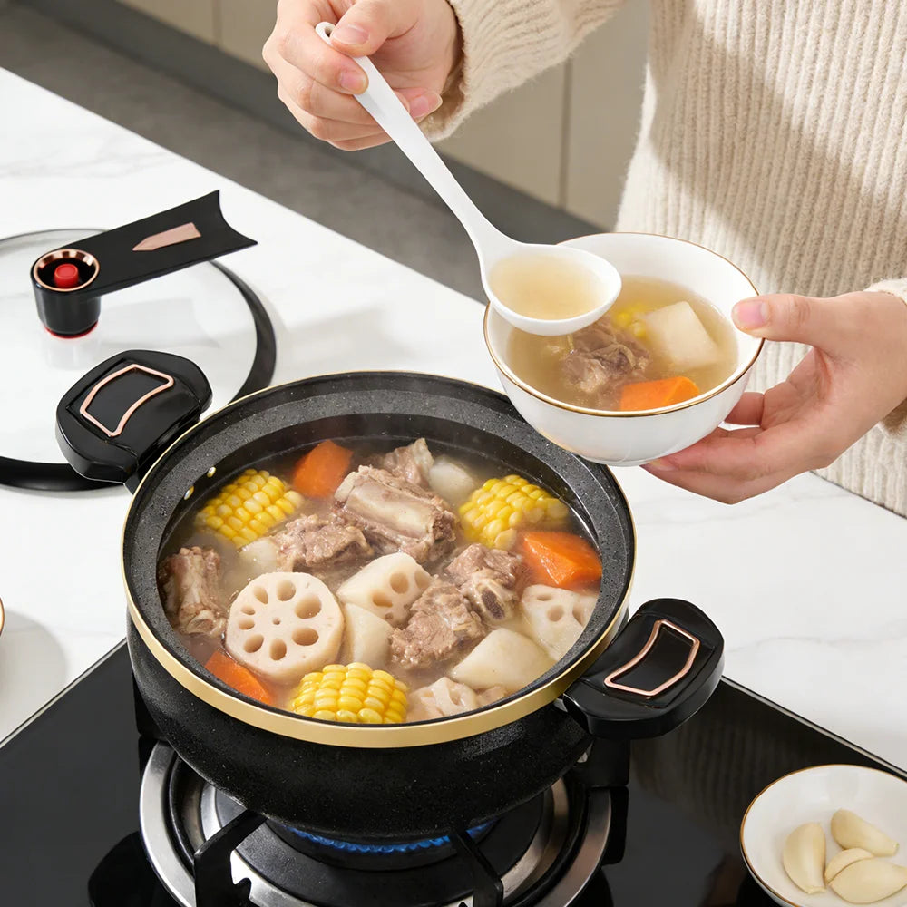 7L Micro-Pressure Soup Pot with Glass Lid & Spoon | Non-Stick Cast Iron Stew Pot | Gas & Induction Compatible