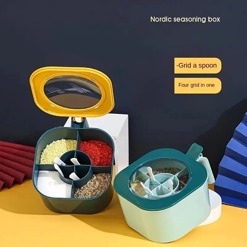 4-in-1 Seasoning Box with Lid & Spoons | Large Capacity Salt & Spice Container | Yellow or Blue-Green