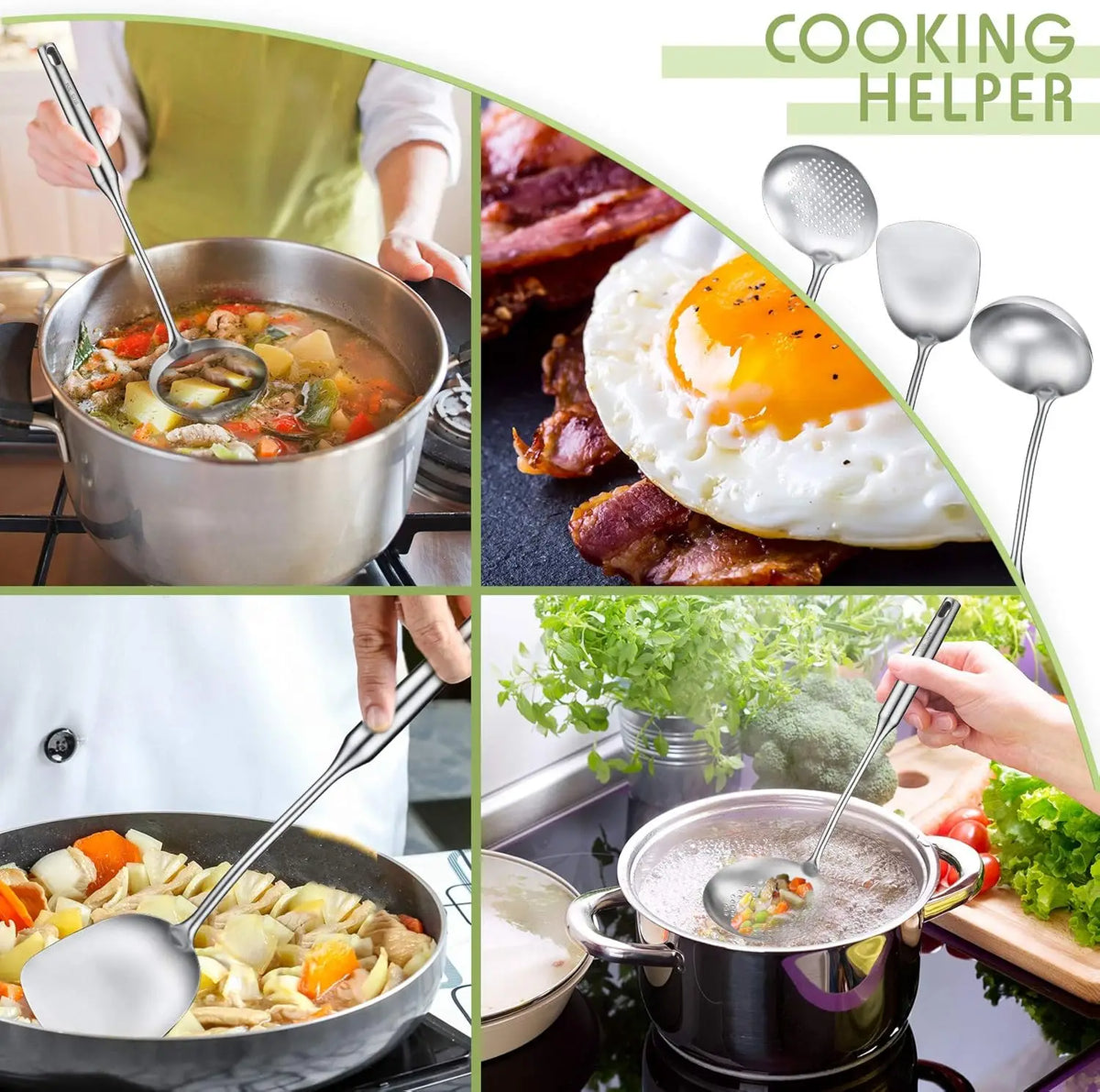 Stainless Steel Wok Utensil Set | Spatula, Ladle & Slotted Spoon | 15" All-Metal