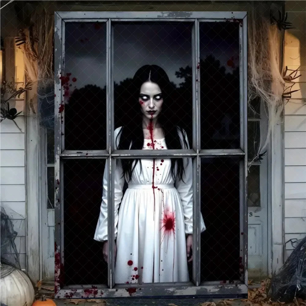 A gothic horror scene featuring a woman in a white dress standing behind a wire-mesh window with blood splatters, set in a spooky house exterior with cobwebs and pumpkins.