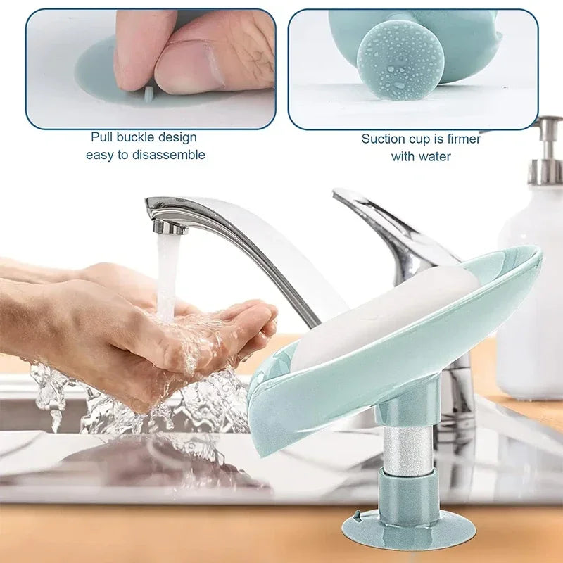 Leaf Shape Soap Dish with Suction Cup & Drainage | Anti-Slip Soap Holder for Bathroom & Kitchen | Green or Grey