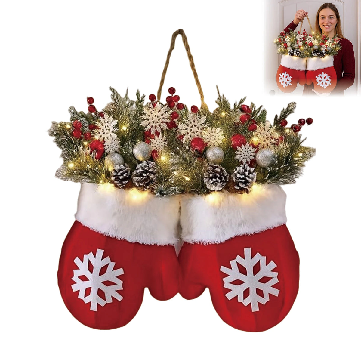 Christmas Gloves Wreath | LED Light-Up & Standard | 30cm | Indoor & Outdoor Wall Door Decoration