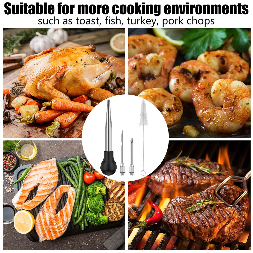 Stainless Steel Turkey Baster & Marinade Injector Set with Cleaning Brush