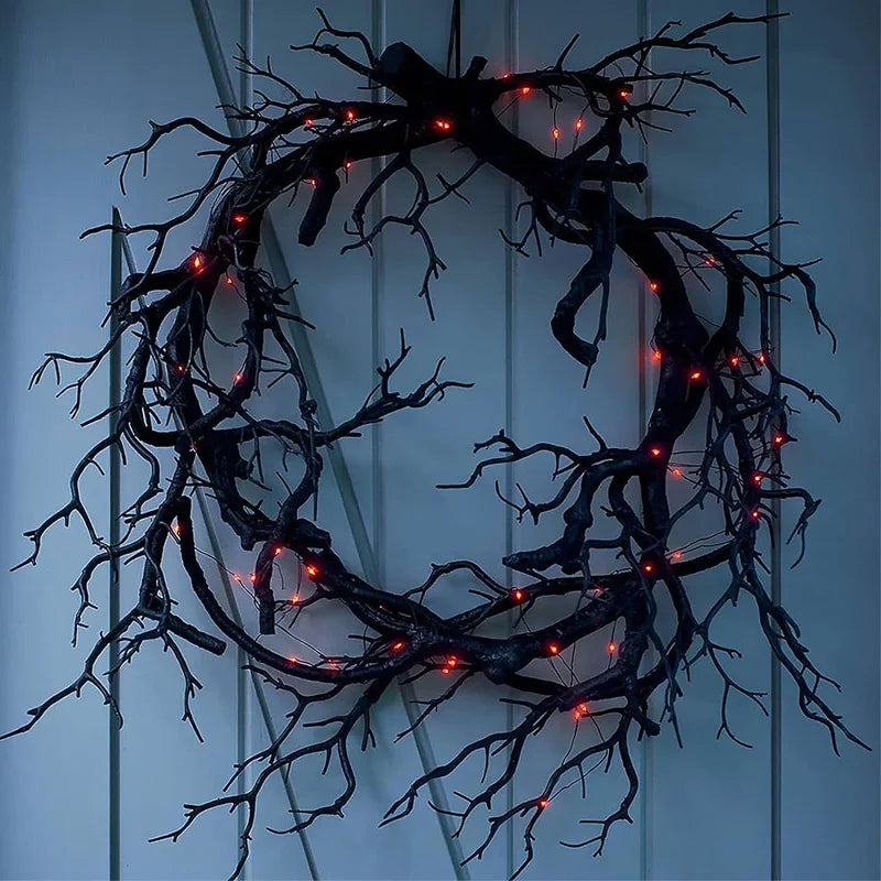 Halloween Wreath with LED Lights – Black Branch Garland for Front Door & Home Decor