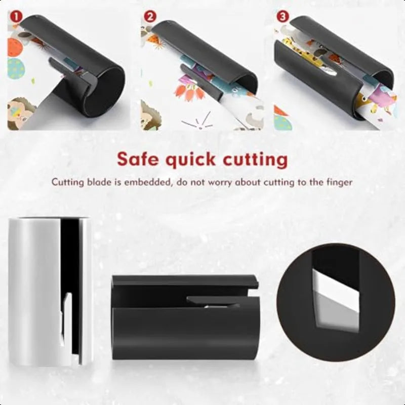 Christmas Gift Wrap Paper Cutter | Elf & Santa Hat Design | Safe Sliding Roll Cutter | White & Black