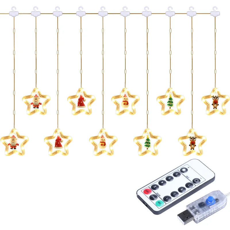 LED Christmas Curtain String Lights | USB | 8 Modes | Stars, Trees & Circles | Warm & Colourful | Bedroom & Window Decoration
