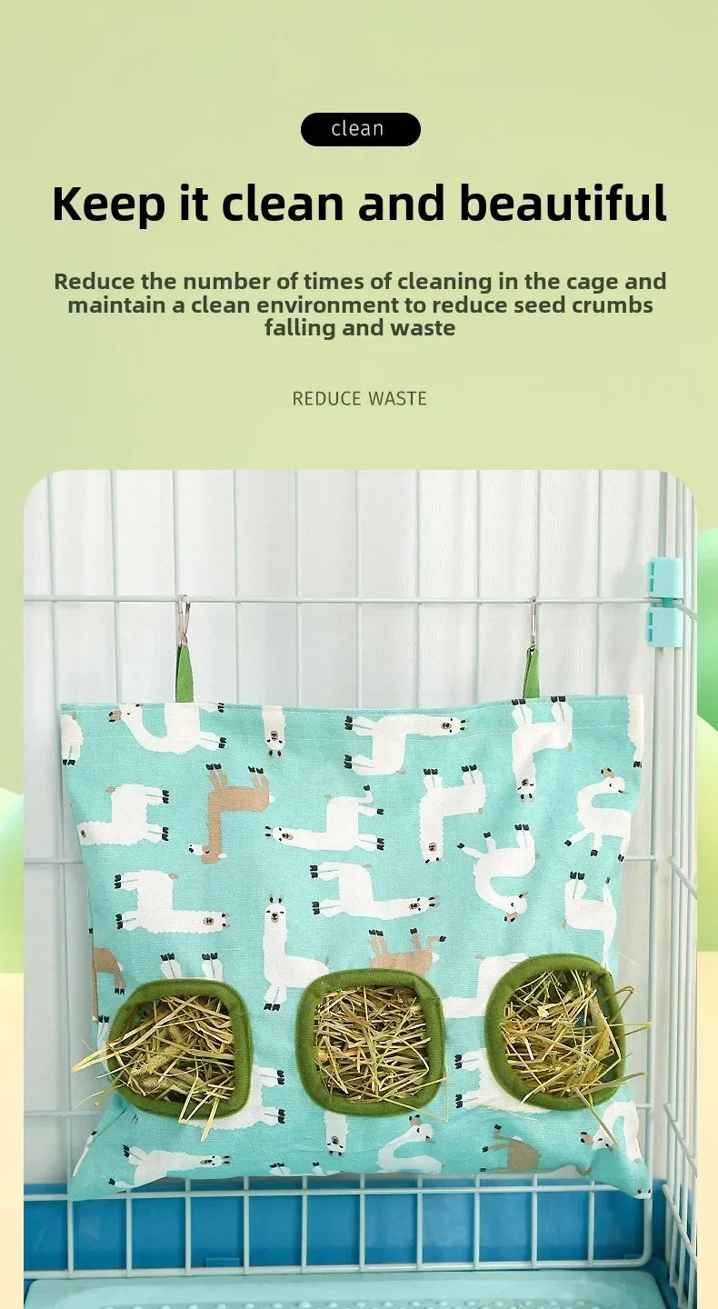 Small Pet Hay Bag Hanging Feeder | Canvas Pouch for Rabbits, Guinea Pigs & Hamsters | 2 & 3 Hole
