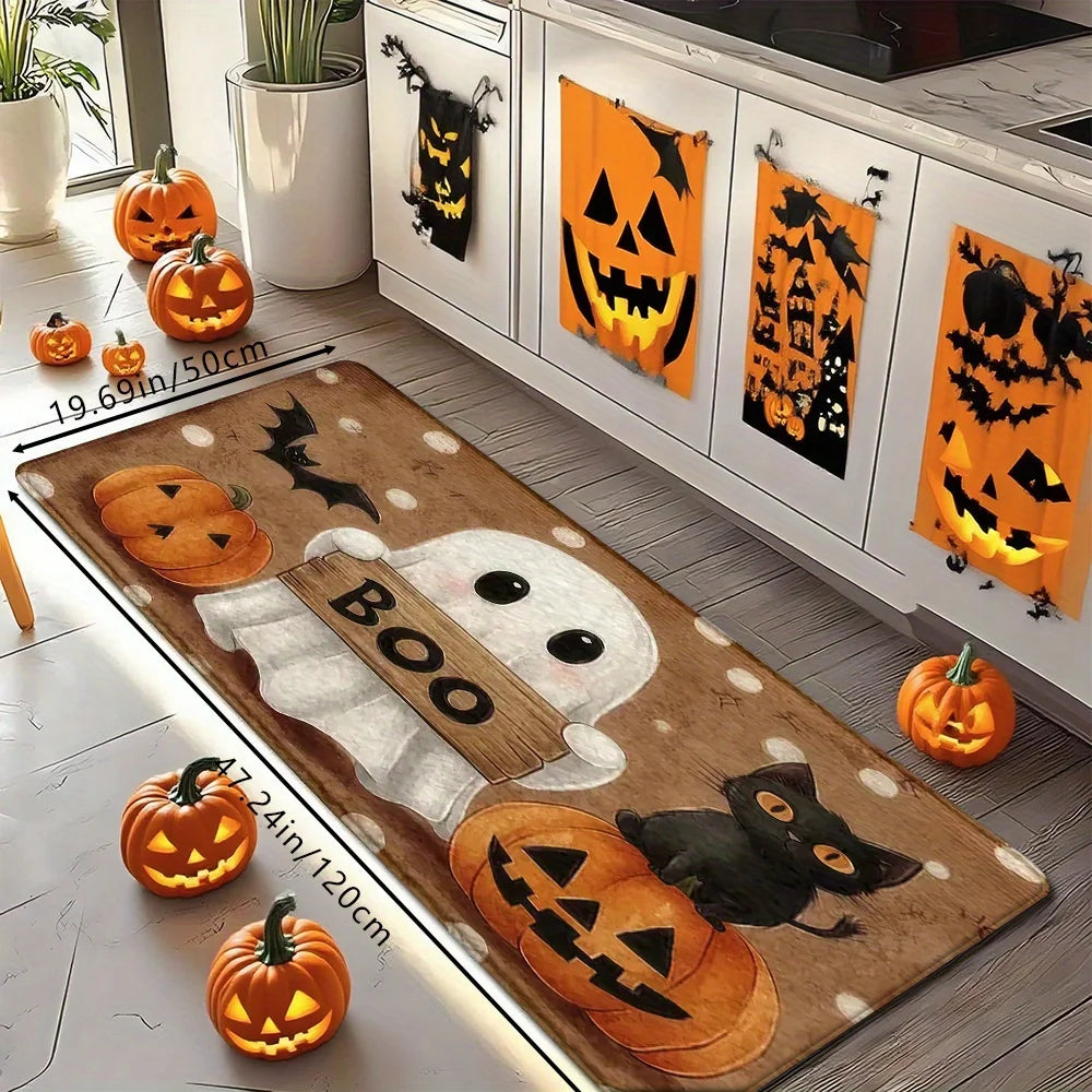 Halloween Pumpkin & Ghost Rug – Non-Slip Indoor Mat for Kitchen, Bathroom & Living Room
