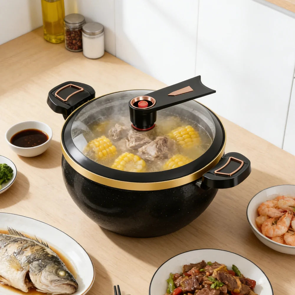 7L Micro-Pressure Soup Pot with Glass Lid & Spoon | Non-Stick Cast Iron Stew Pot | Gas & Induction Compatible