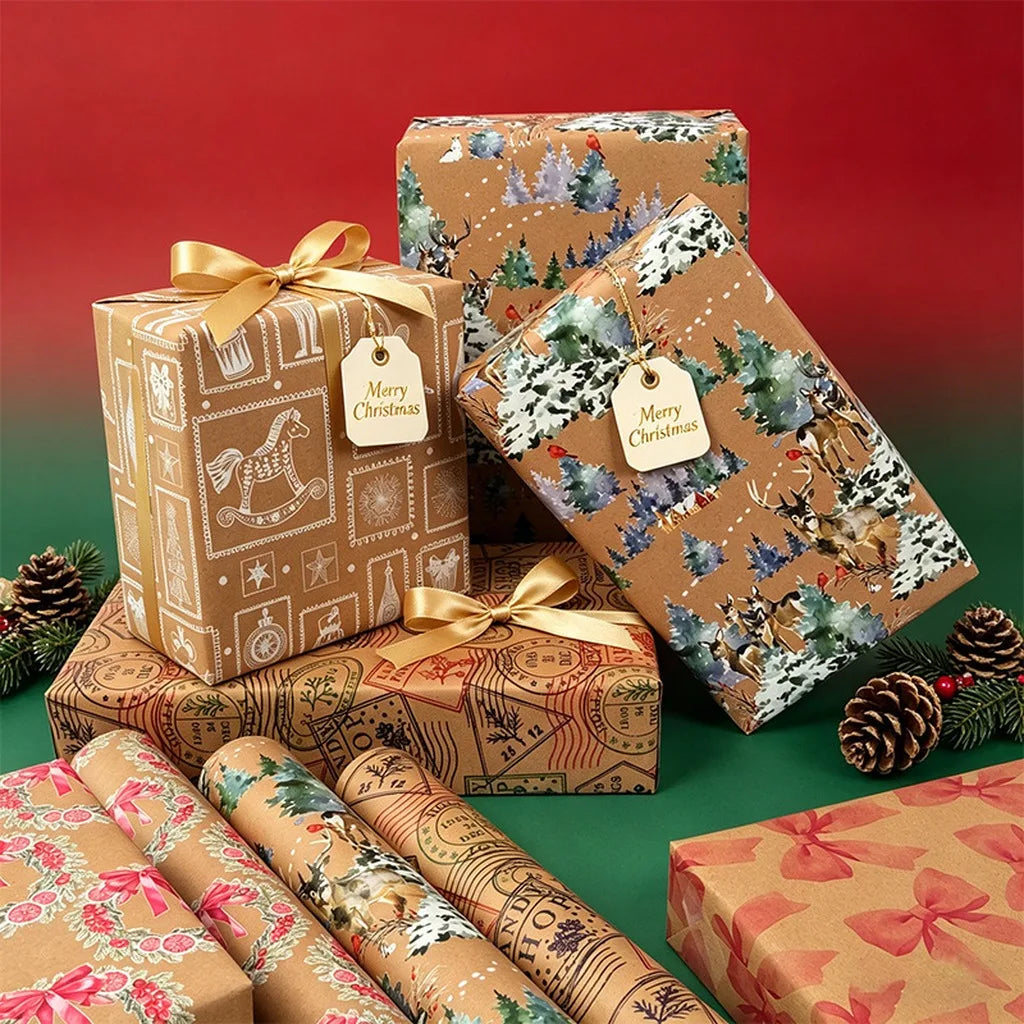 Kraft Christmas Wrapping Paper Roll | Double-Sided | 43x300cm | Retro Xmas Designs | 4 Patterns