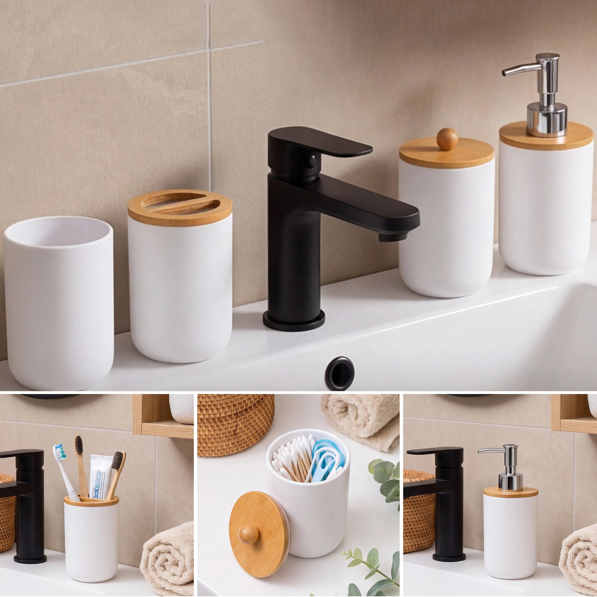 5-Piece Bathroom Accessories Set – Soap Dispenser, Storage Jar, Toothbrush Holder & Soap Dish | Farmhouse Style
