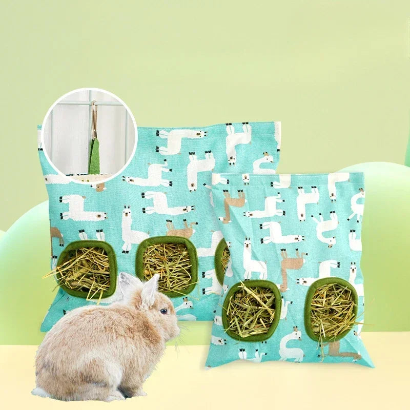 Small Pet Hay Bag Hanging Feeder | Canvas Pouch for Rabbits, Guinea Pigs & Hamsters | 2 & 3 Hole