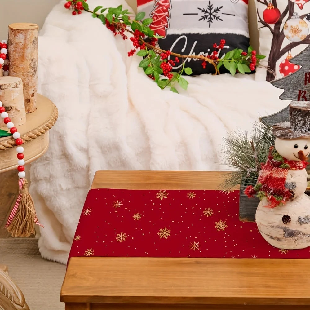 Christmas Table Runner | Red Trees & Snowflakes Design | 33x183cm | Festive Holiday Tablecloth