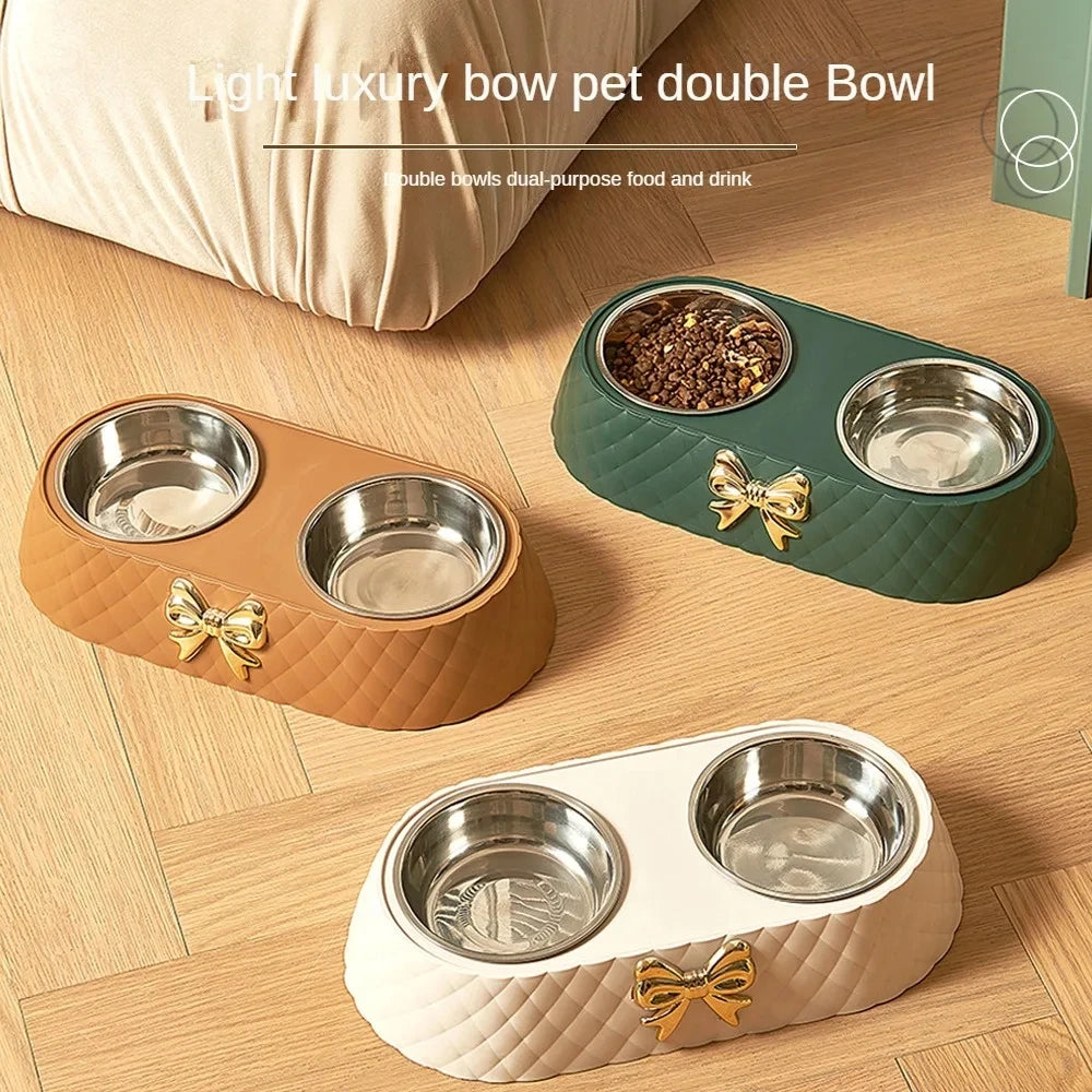 Double Pet Bowl with Bow-Tie Stand | Stainless Steel & PP Base | Cats & Dogs | 3 Colours