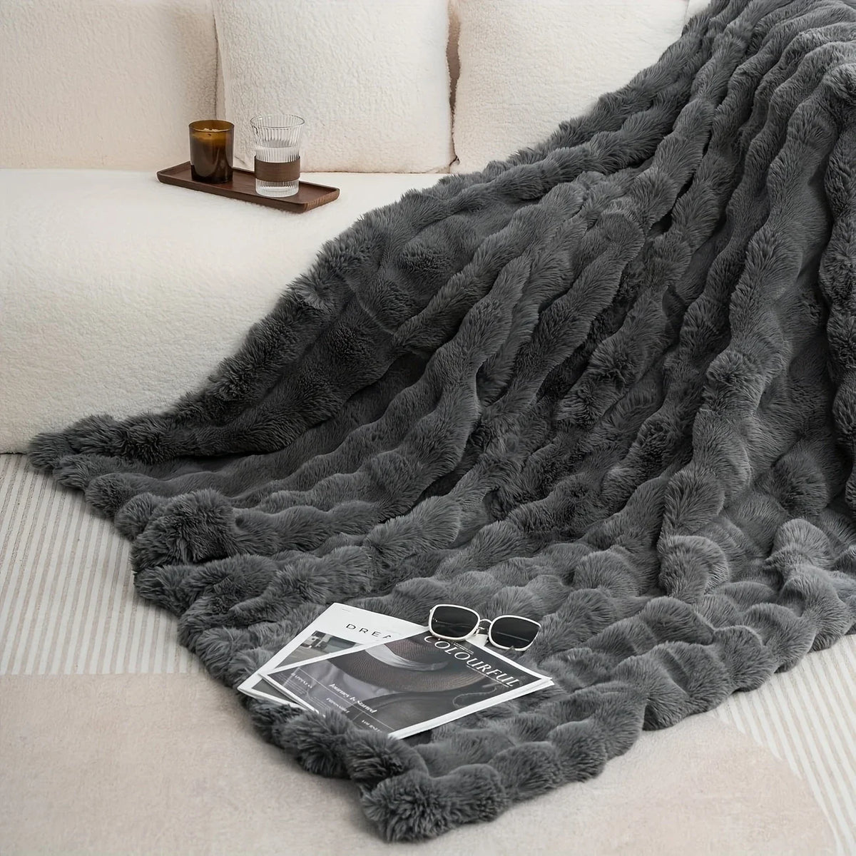 Faux Rabbit Fur Luxury Bubble Throw Blanket | Soft & Warm | 2 Sizes | 11 Colours