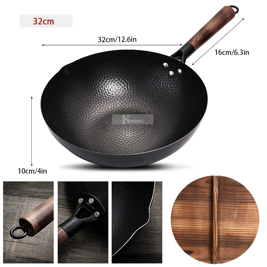 32cm Cast Iron Wok – Non-Coated, Gas & Induction Compatible | With or Without Wooden Lid