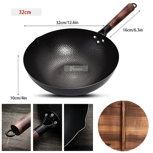 32cm Cast Iron Wok – Non-Coated, Gas & Induction Compatible | With or Without Wooden Lid