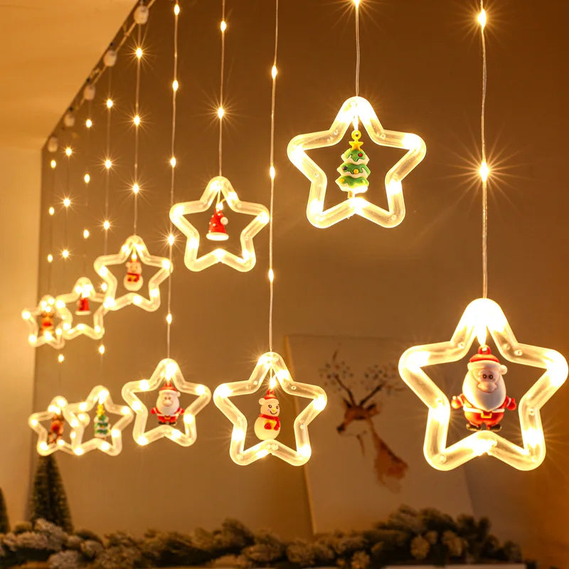 LED Christmas Curtain String Lights | USB | 8 Modes | Stars, Trees & Circles | Warm & Colourful | Bedroom & Window Decoration