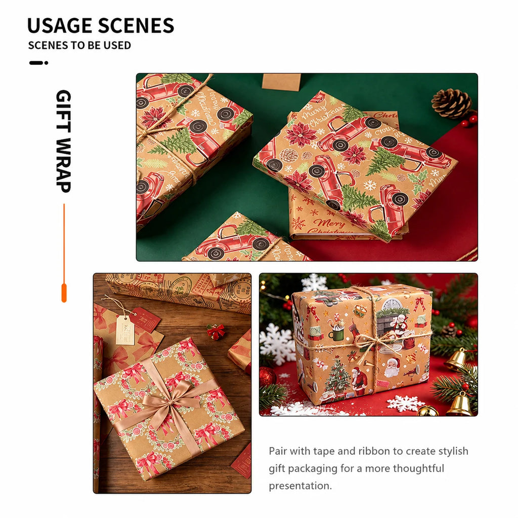 Kraft Christmas Wrapping Paper Roll | Double-Sided | 43x300cm | Retro Xmas Designs | 4 Patterns