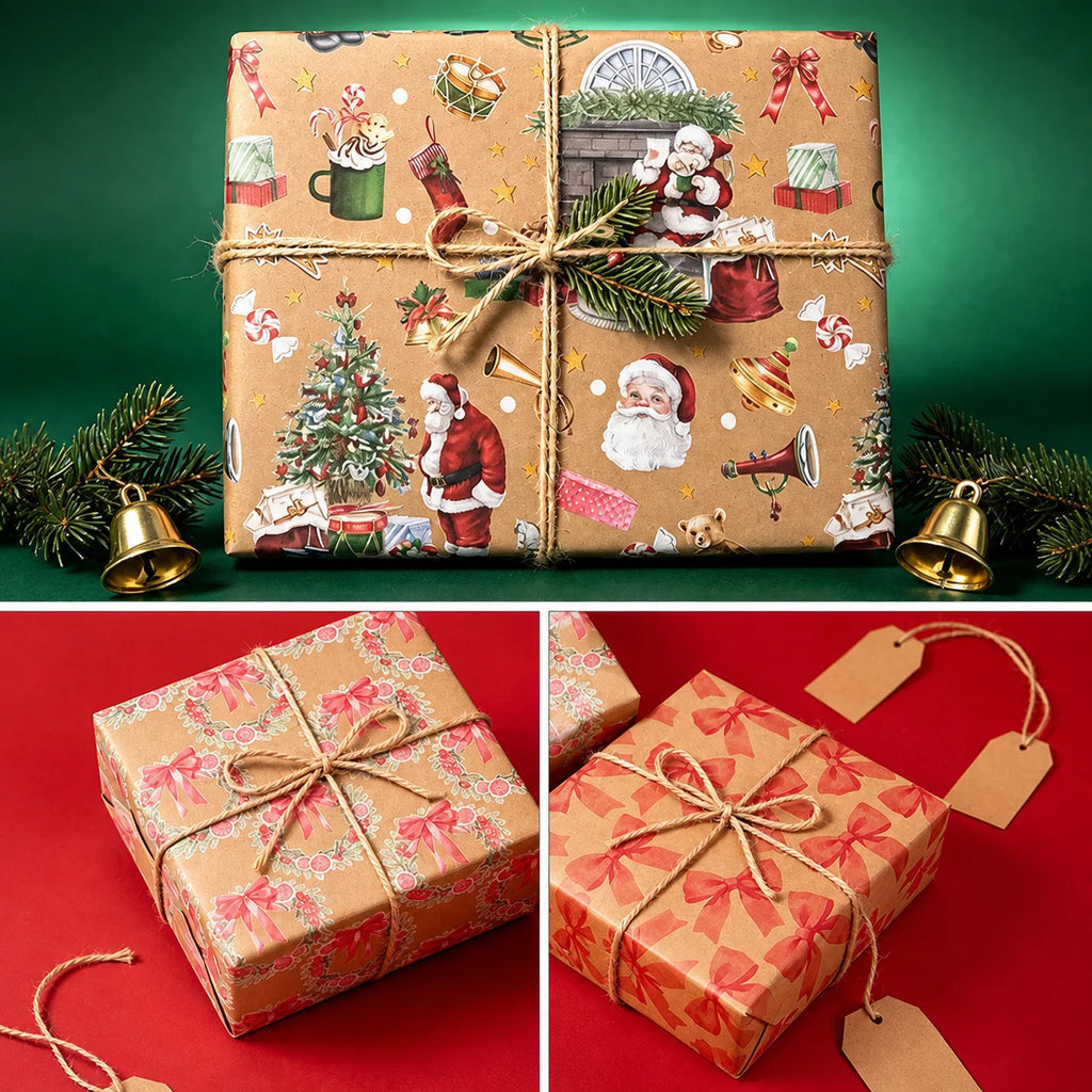 Kraft Christmas Wrapping Paper Roll | Double-Sided | 43x300cm | Retro Xmas Designs | 4 Patterns