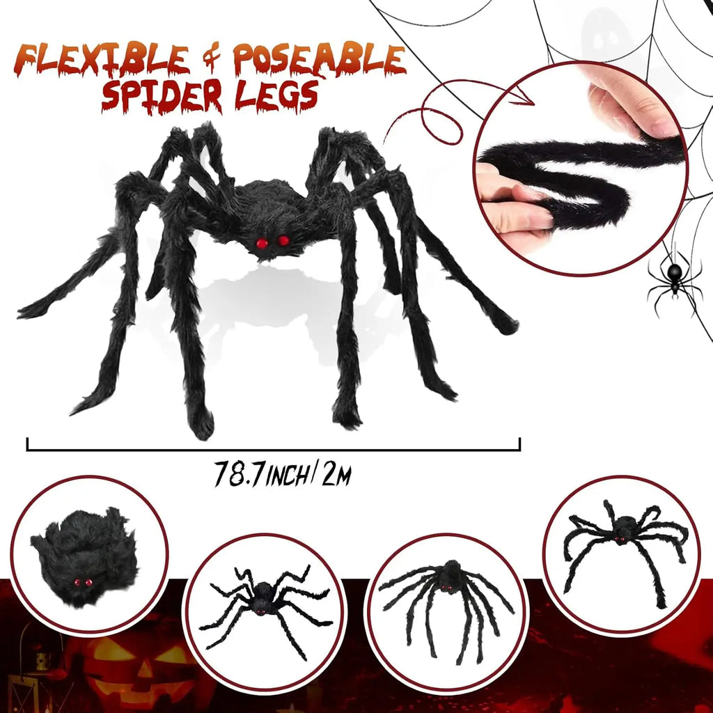 Giant Black Plush Halloween Spider – Poseable, Multi-Size