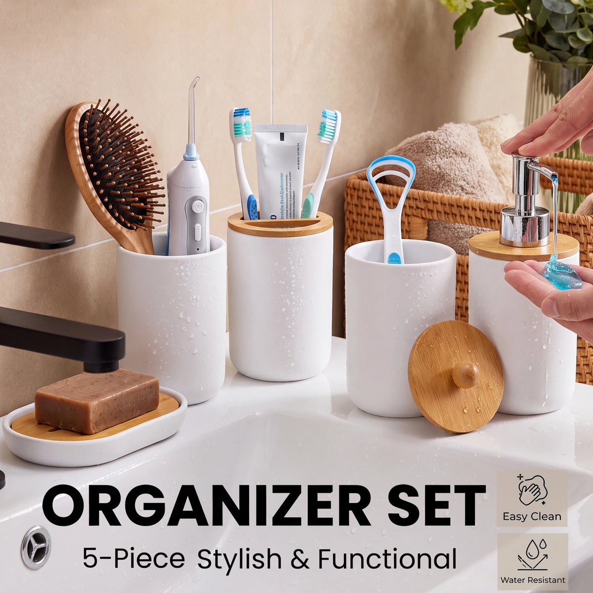 5-Piece Bathroom Accessories Set – Soap Dispenser, Storage Jar, Toothbrush Holder & Soap Dish | Farmhouse Style