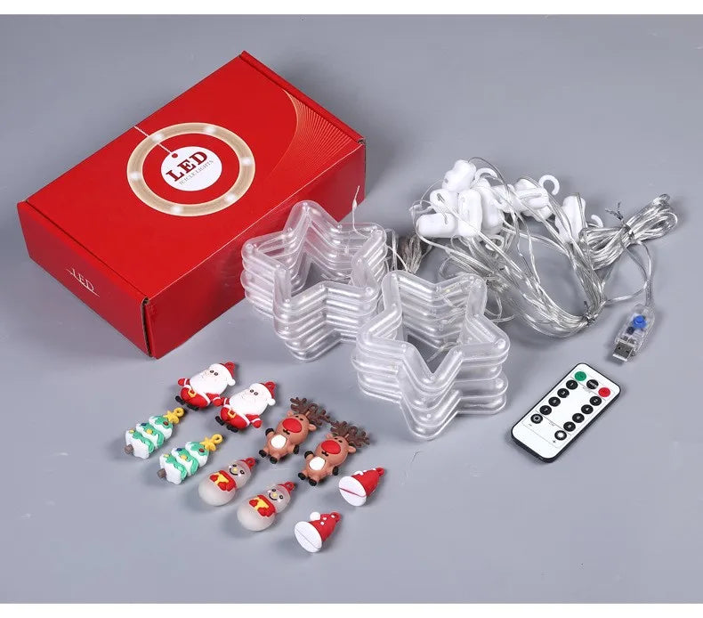 LED Christmas Curtain String Lights | USB | 8 Modes | Stars, Trees & Circles | Warm & Colourful | Bedroom & Window Decoration