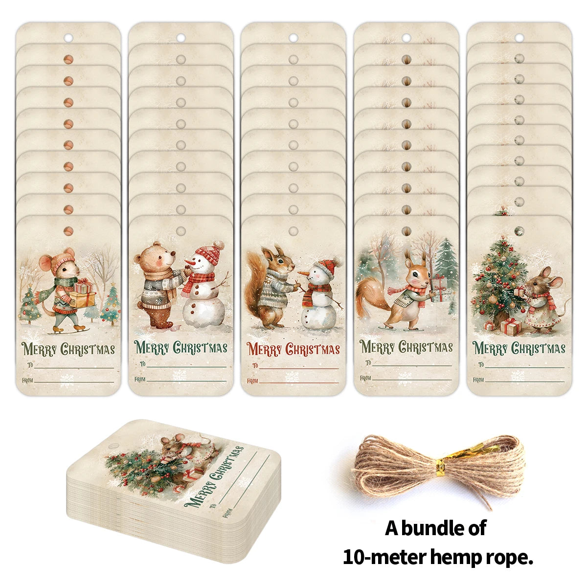 50pcs Vintage Christmas Gift Tags - Cute Animal Design